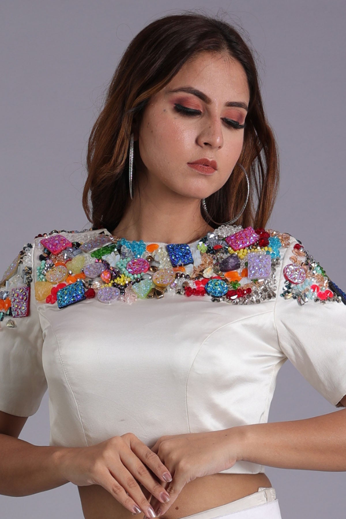 Etti Kapoor White Satin Embellished Top Online